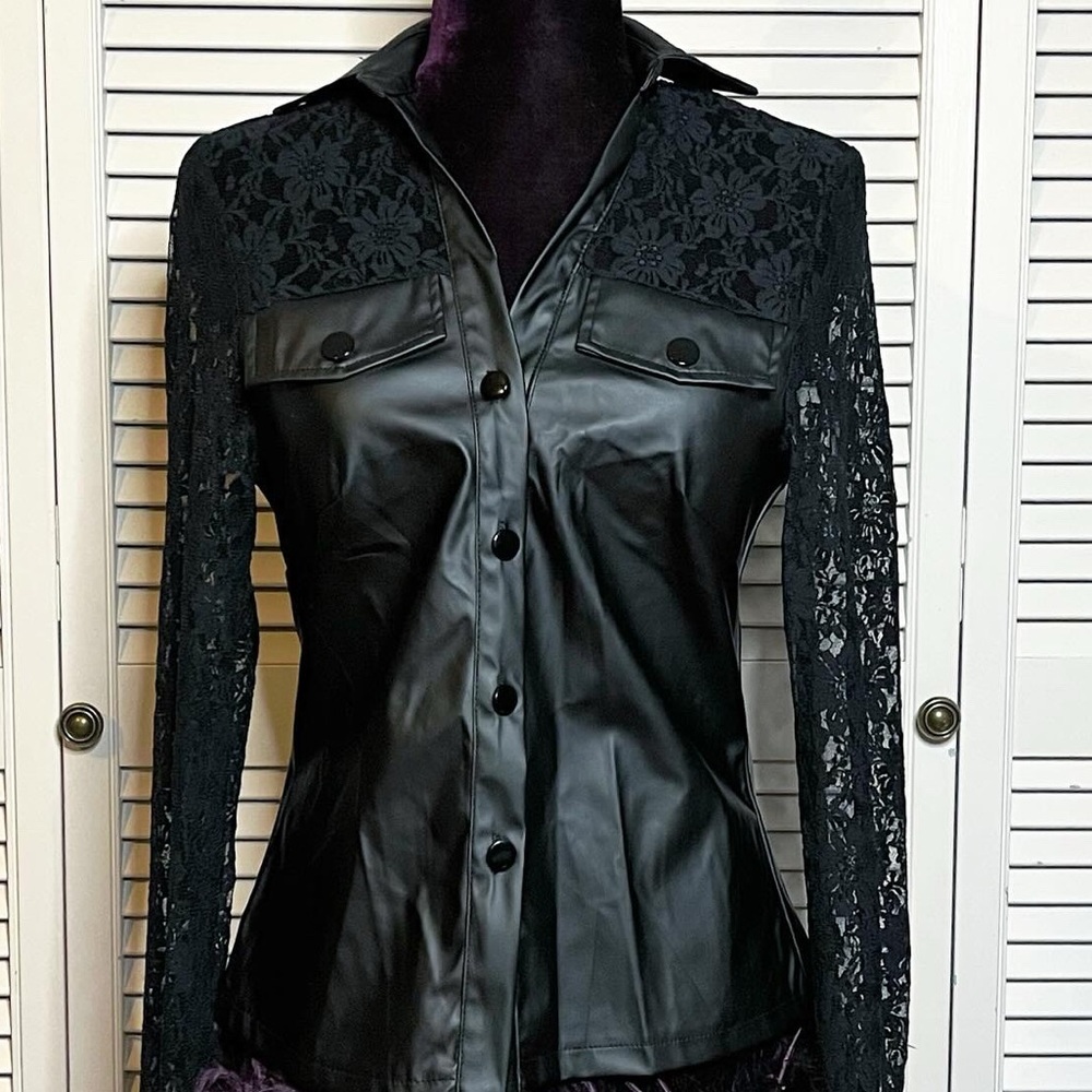 Size Medium Black Flower Lace Sleeves Faux Leather Biker Style Button Up Jacket